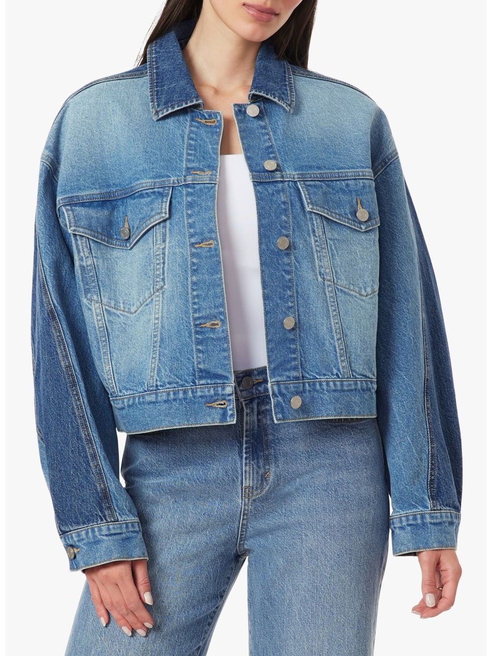 Habitual Colorblock Cropped Denim Trucker Jacket Large